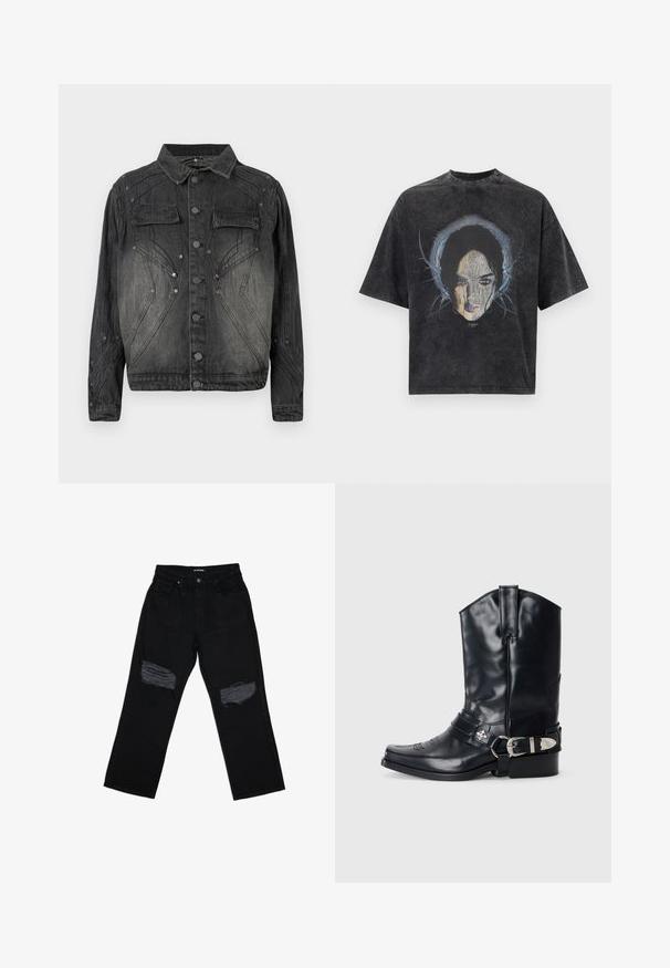 Veste en denim noire délavée avec fermeture à boutons, poches poitrine à rabat et détails de couture décoratifs.; T-shirt oversize gris foncé avec un graphisme représentant le visage d'une femme et des lignes bleues abstraites autour de sa tête.; Jean denim noir à coupe décontractée, avec deux patchs usés aux genoux. Le tissu présente une texture lisse et une décoloration minimale.; Botte de cowboy en cuir noir avec un bout pointu, une tige haute, des coutures décoratives et une quincaillerie en argent sur la sangle. Fini texturé.
