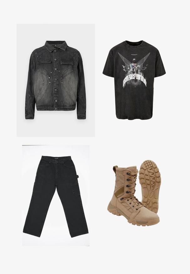 Sort, falmet denimjakke med knaplukning, brystlommer med klap og dekorative syninger.; MJ Gonzales HIGHER THAN HEAVEN ACID WASHED HEAVY OVER - T-shirts print - black; Sorte denimbukser med lige ben-design, der har en frontknaplukning, baglommer og en sidelomme.; Brun taktisk støvle med snørelukning i ankellængde og robust gummisål, en støvle står oprejst og den anden viser slidbanemønster.