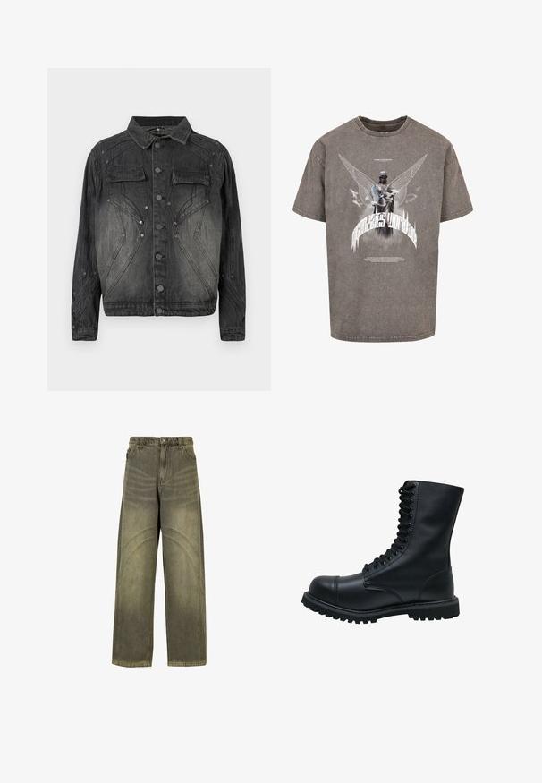 Chaqueta de denim negra desvanecida con cierre de botones, bolsillos en el pecho con solapa y detalles de costura decorativa.; Camiseta gris de gran tamaño hecha de algodón, con un estampado gráfico de una estatua alada y texto estilizado en la parte frontal.; Jeans de pierna ancha en denim verde oliva, con acentos de costura curvada, cierre clásico de botón y un acabado desgastado.; Botín de cuero negro con cordones, punta redonda, caña alta, suela de goma gruesa y superficie texturizada. Presenta costuras reforzadas a lo largo de las uniones.