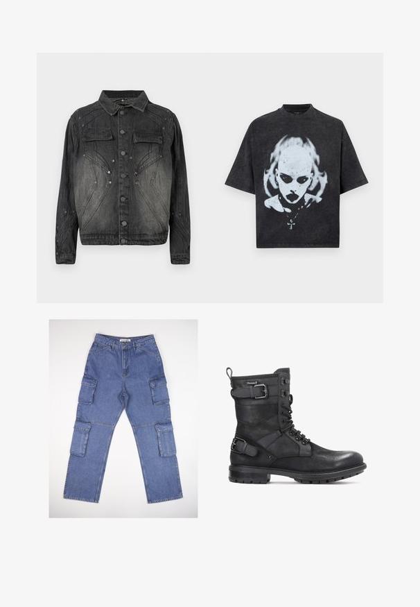 Must mustriks denim jakk musta värviga, millel on nööpide eesmine sulgemine, klapiga rinna-taskud ja dekoratiivsed õmblused.; Must oversized T-särk valge graafikaga kiilaspäisest inimesest, tumedate silmadega, huulepulgaga, augustustega ja ristikujulise ripatsiga kaelakeega.; Sinine denimpükse mitme küljetaskuga, sirge sääre disain ja klassikaline vöökoht. Kangas on kerge tekstuuriga ja pleekinud.; Kazar HEARD - Kauboi/mootorratturi poolsaapad - black
