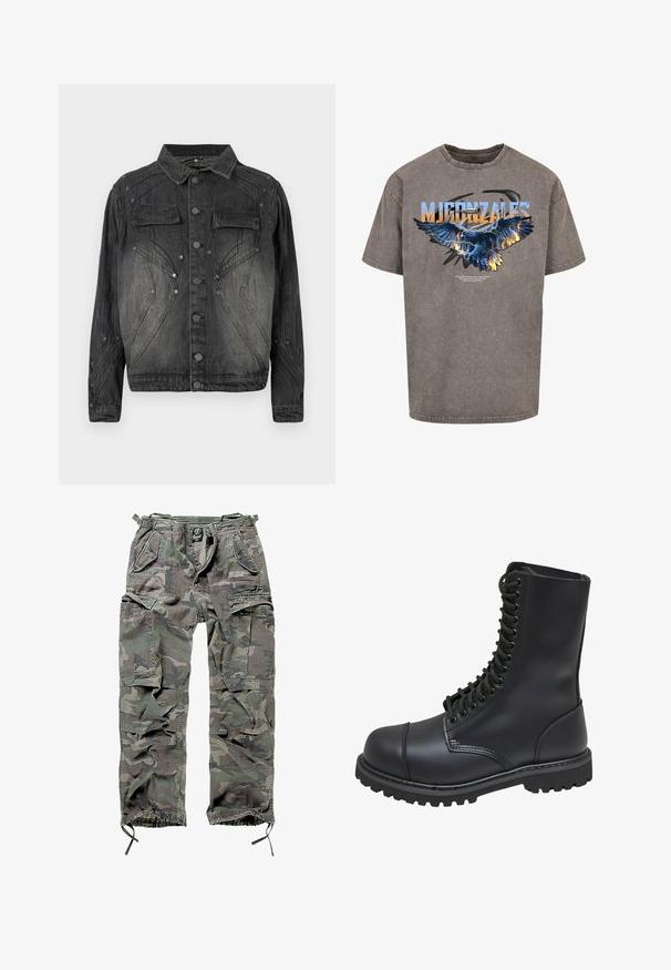 Must mustriks denim jakk musta värviga, millel on nööpide eesmine sulgemine, klapiga rinna-taskud ja dekoratiivsed õmblused.; Hall kõrvaline lühikese varrukaga t-särk, millel on suur graafika kotkast, mille ümber on sinised ja oranžid leegid. Ülal on tekst "MJ GONZALES" paksude tähtedega.; Roheline ja hall kamoflaažiga cargo pükste komplekt, millel on mitu taskut, elastne vöökoht, reguleeritavad pahkluue sääred ja mugav lõige.; Mustmust musta sõjaväe king, millel on kõrge varreosa, nöörimise esiosa, pehmendatud krae ja robustne tekstuuriga tall, et tagada haardumine. Omab tugevdatud varvaste osa.