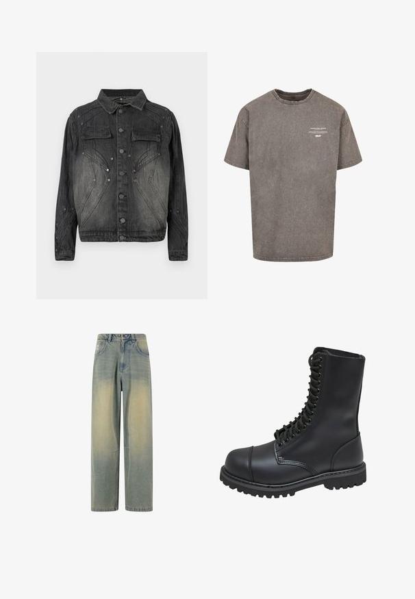 Sort, falmet denimjakke med knaplukning, brystlommer med klap og dekorative syninger.; Grå oversized bomulds T-shirt med rund halsudskæring, korte ærmer, slidte tekstur og hvid trykt tekst på forsiden.; Lyseblå denim wide-leg jeans med en falmet gradient, som har fem lommer og en klassisk talje med bæltestropper.; Sort læder kampstøvle med høj skaft, snørebånd foran, polstret krave og en robust tekstureret sål for godt greb. Har forstærket tåhætte.