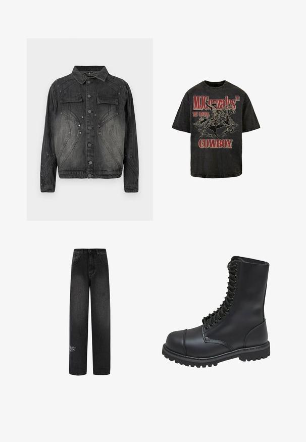 Sort, falmet denimjakke med knaplukning, brystlommer med klap og dekorative syninger.; Sort grafisk t-shirt med en cowboy på en hest, med "MJ Gonzales™ THE ORIGINAL COWBOY" i fed rødt skrift. Blødt bomuldsstof.; Sorte denim bukser med bred benvidde og høj talje, med to forlommer og en dekorativ logodetalje på det nederste ben.; Sort læder kampstøvle med høj skaft, snørebånd foran, polstret krave og en robust tekstureret sål for godt greb. Har forstærket tåhætte.