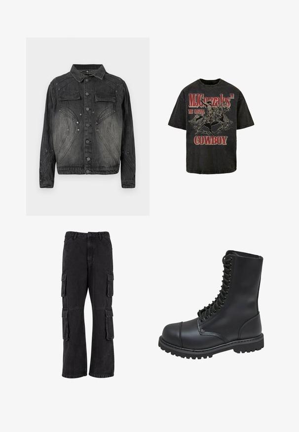 Schwarze, ausgebleichte Jeansjacke mit Knopfverschluss, aufgesetzten Brusttaschen und dekorativen Stickdetails.; Schwarzes Grafik-T-Shirt mit einem Cowboy auf einem Pferd, versehen mit "MJ Gonzales™ DER ORIGINAL COWBOY" in kräftig roter Schrift. Aus weichem Baumwollmaterial.; Schwarze Cargo-Hosen aus Denim, mit lockerer Passform, mehreren Seitentaschen und genähten Details. Die Textur ist leicht verblasst.; Schwarze Lederkampfstiefel mit hohem Schaft, Schnürung an der Vorderseite, gepolstertem Kragen und rutschfester, strukturierter Sohle für guten Halt. Mit verstärkter Zehenkappe.