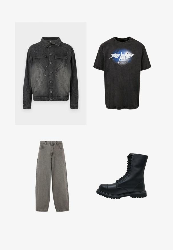 Sort, falmet denimjakke med knaplukning, brystlommer med klap og dekorative syninger.; Sort bomulds T-shirt med et grafisk design af blå himmel og skyer, hvid tekst og et slidt udseende, med korte ærmer og rund hals.; Grå denim bukser med høj talje, brede ben, klassisk fem-lomme design og knaplukning foran. Let struktureret finish.; Sort læder snørebåndsstøvle med rund tå, høj skaft, tyk gummisål og struktureret overflade. Har forstærket syning langs sømmene.