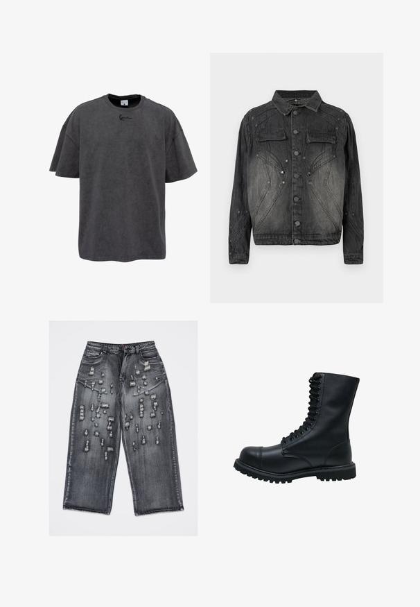 Zwarte vervaagde denimjack met knoopsluiting, klepborstzakken en decoratieve stikdetails.; Grijze oversized t-shirt van een katoenmix, met een ronde hals en korte mouwen. Het heeft een subtiele geborduurde logo op de borst.; Zwarte spijkerbroek met wijde pijpen en meerdere horizontale scheuren en versleten stukken op de voorkant van de dijen en knieën.; Zwarte leren veterschoen met een ronde neus, hoge schacht, dikke rubberen zool en een gestructureerd oppervlak. Heeft versterkte stiksels langs de naden.