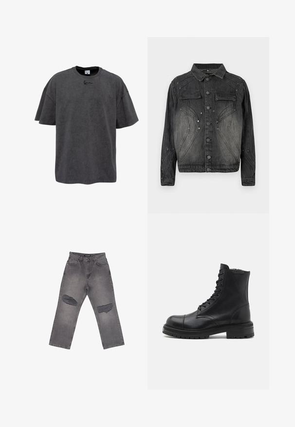 Zwarte vervaagde denimjack met knoopsluiting, klepborstzakken en decoratieve stikdetails.; Grijze oversized t-shirt van een katoenmix, met een ronde hals en korte mouwen. Het heeft een subtiele geborduurde logo op de borst.; Grijze spijkerbroek met hoge taille, brede pijpen en grote versleten plekken op beide knieën, met voorzakken en riemlussen.; AllSaints HANK - Veterboots - black