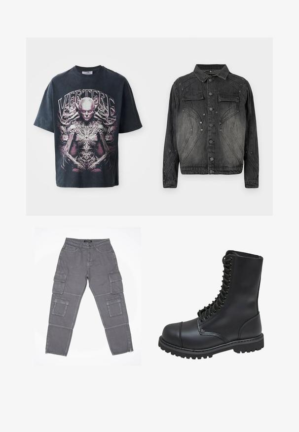 Must mustriks denim jakk musta värviga, millel on nööpide eesmine sulgemine, klapiga rinna-taskud ja dekoratiivsed õmblused.; Must mustvalge graafiline T-särk, mis on valmistatud puuvillast, esitleb suurt roosa ja valget kujundust inimsarnase figuuriga, millel on keerukad detailid ja tekst "VERTERE."; Hallid hallid cargo püksid kergelt tekstuuriga kangast, mitmete küljetaskutega, tõmblukkhempi ja nupuga vöökoha sulgemisega.; Mustmust musta sõjaväe king, millel on kõrge varreosa, nöörimise esiosa, pehmendatud krae ja robustne tekstuuriga tall, et tagada haardumine. Omab tugevdatud varvaste osa.