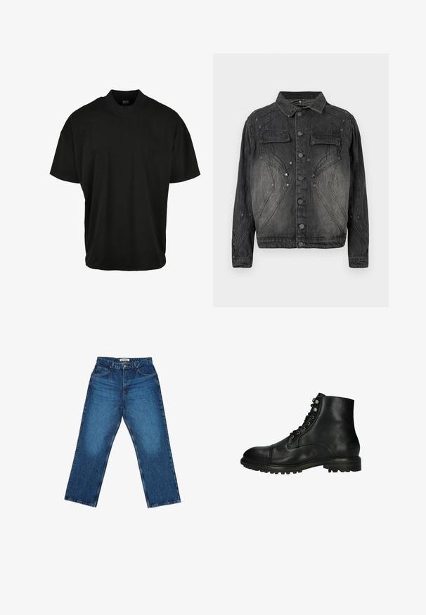 Schwarze, ausgebleichte Jeansjacke mit Knopfverschluss, aufgesetzten Brusttaschen und dekorativen Stickdetails.; Schwarzes T-Shirt mit kurzen Ärmeln und Rundhalsausschnitt, aus weichem Stoff, mit lockerer Passform und ohne sichtbare Muster oder Akzente.; Blaue Jeans aus Denim mit geradem Schnitt, ausgestattet mit einem Taillenbund mit Gürtelschlaufen, seitlichen Taschen und Verwaschungen an den Beinen.; Schwarze Leder-Stiefeletten mit runder Zehenpartie, sechs Ösen und rutschfester Gummisohle. Verfügt über dezente Nähte und eine matte Oberfläche.