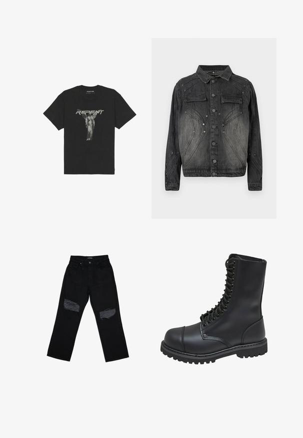 Schwarze, ausgebleichte Jeansjacke mit Knopfverschluss, aufgesetzten Brusttaschen und dekorativen Stickdetails.; Schwarzes Baumwoll-T-Shirt mit kurzen Ärmeln, auf dem eine frontale Grafik einer Statue und das Wort "BUßE" in fetten grauen Buchstaben zu sehen ist.; Schwarze Jeans aus Denim mit lockerem Schnitt, die zwei verwaschene Stellen an den Knien aufweisen. Der Stoff hat eine glatte Textur und eine minimale Ausbleichung.; Schwarze Lederkampfstiefel mit hohem Schaft, Schnürung an der Vorderseite, gepolstertem Kragen und rutschfester, strukturierter Sohle für guten Halt. Mit verstärkter Zehenkappe.