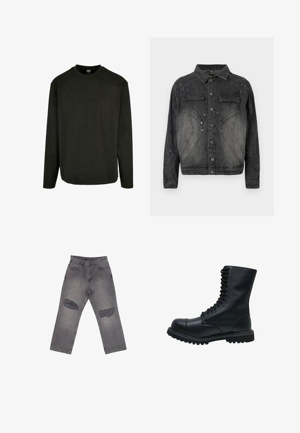 Zwarte vervaagde denimjack met knoopsluiting, klepborstzakken en decoratieve stikdetails.; Zwarte lange mouwen T-shirt van katoen, met een ronde hals en een rechte zoom. Minimalistisch ontwerp zonder patronen of accenten.; Grijze spijkerbroek met hoge taille, brede pijpen en grote versleten plekken op beide knieën, met voorzakken en riemlussen.; Zwarte leren veterschoen met een ronde neus, hoge schacht, dikke rubberen zool en een gestructureerd oppervlak. Heeft versterkte stiksels langs de naden.