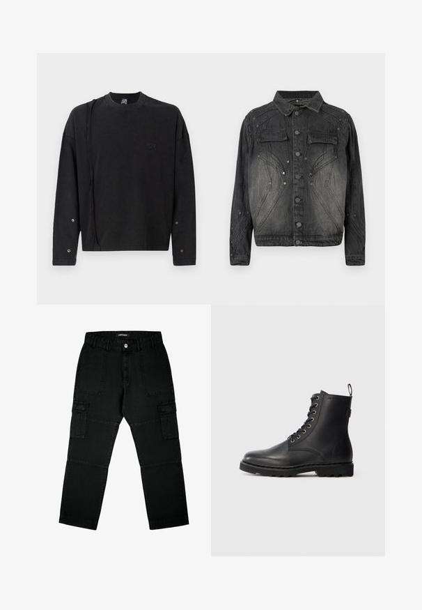 Musta haalistunut denim-takki nappikiinnityksellä, läpätaskuilla rinnassa ja koristeellista ompelua.; Mustapaita, jossa on pitkät hihat ja pyöreä kaula-auko, edessä on hienovarainen logo ja napitus yksityiskohtia hihoissa. Paita on valmistettu pehmeästä kankaasta.; Musta cargo-housut denimmateriaalista, joissa on useita taskuja, suora lahjesuunnittelu ja rakenteellinen kangas, jossa näkyvät ompeluyksityiskohdat.; Musta nahkainen nilkkaboots pyöreällä kärjellä, nauhakiinnitys ja metalliset silmukat. Varustettu tekstuurilla olevalla pohjalla ja kantapäällä vetotabilla helppoa pukemista varten.