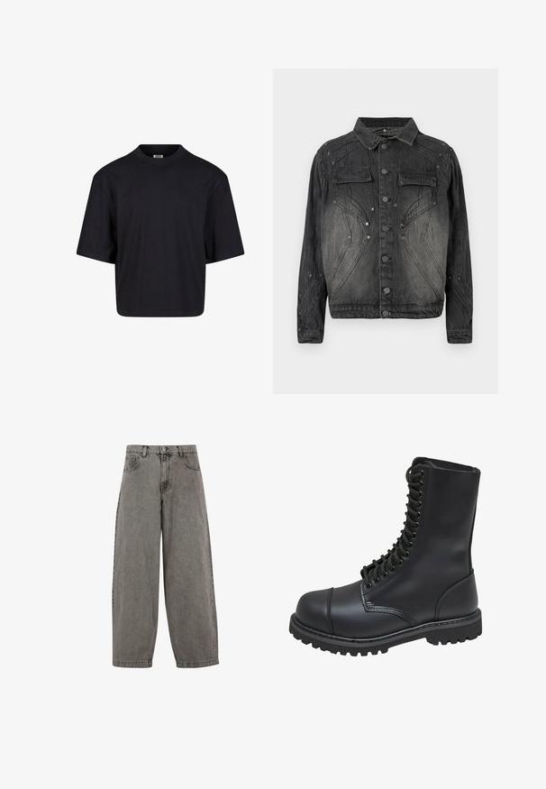 Must mustriks denim jakk musta värviga, millel on nööpide eesmine sulgemine, klapiga rinna-taskud ja dekoratiivsed õmblused.; Must värvitud puuvillane t-särk ümmarguse kaelusega, lühikeste varrukatega ja ülekaalulise lõikega. Sile tekstuur ja minimalistlik disain. Ilma nähtavate logo'teta.; Hallide denimeeritud püksid kõrge vöökohaga, laiad sääred, klassikaline viie tasku disain ja nuppude sulgemine ees. Kergelt tekstureeritud viimistlus.; Mustmust musta sõjaväe king, millel on kõrge varreosa, nöörimise esiosa, pehmendatud krae ja robustne tekstuuriga tall, et tagada haardumine. Omab tugevdatud varvaste osa.
