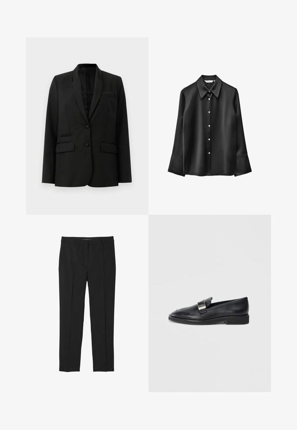 Zwarte blazer met een gestructureerd ontwerp, een enkele knoopsluiting, twee voorkruiszakken en satijnen revers. Glad materiaal en een getailleerde pasvorm.; Zwarte satijnen blouse met lange mouwen, een puntige kraag, een knoopsluiting aan de voorkant en uitlopende manchetten. Heeft een subtiele glans en ronde knoppen.; Zwarte broek van gladde stof, met een rechte pijp, voorzakken en een platte tailleband zonder zichtbare sluitingen.; Zwarte leren instapper met een zilveren rechthoekige gesp bovenop en een lage hak op een witte achtergrond.