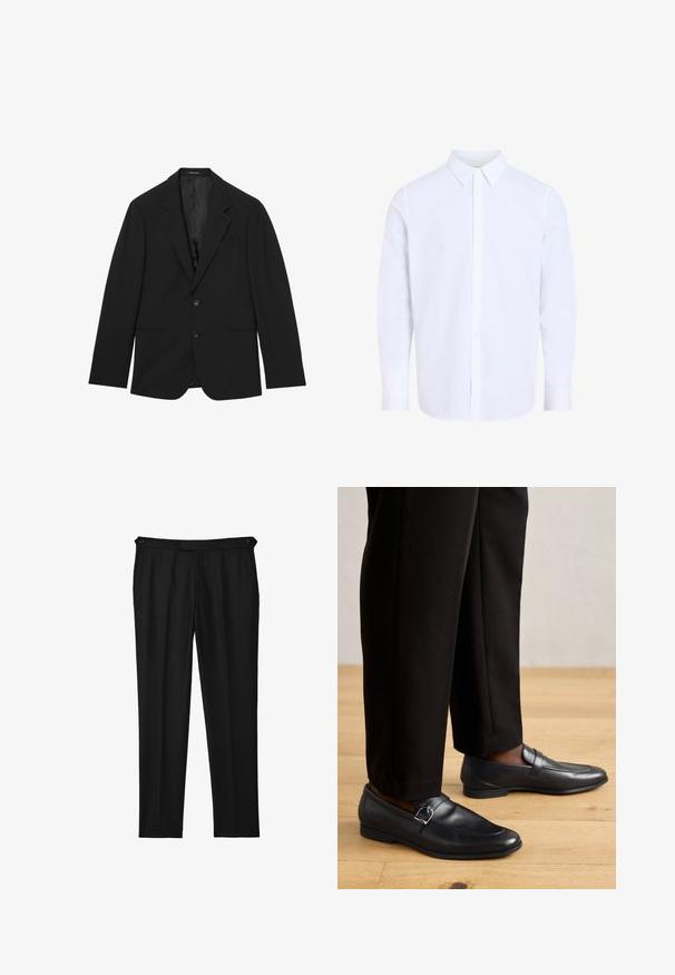 Blazer negro entallado con solapas con muesca, dos botones delanteros y bolsillos horizontales delanteros, presentado plano sobre un fondo blanco.; Camisa blanca de manga larga con botones, cuello clásico, confeccionada en tela suave, con tapeta de botones en la parte delantera y dobladillo redondeado.; Pantalones ajustados negros con una textura suave, que cuentan con un cierre de botón y piernas rectas. Sin bolsillos visibles ni patrones.; Mocasines de cuero negro con una textura suave, que cuentan con una hebilla decorativa, combinados con pantalones negros a medida sobre un suelo de madera.