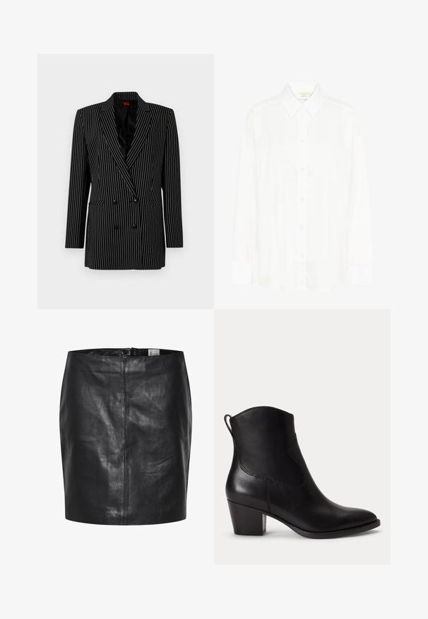 Sort dobbeltræs blazer med hvide striber, skarpe revers, lange ærmer, tekstureret stof og forlommer.; Hvid langærmet skjorte med knapper, klassisk krave og almindelig pasform. Fremstillet af glat stof med otte knapper ned foran.; Sort læderskirt med en glat overflade, høj talje og lukning med knap foran. Har en slank, minimalistisk silhuet. Ingen mønstre eller accenter.; Sort læder ankelstøvle med lav blokhæle, rundet tå og trækstrop bagpå mod en ens hvid baggrund.