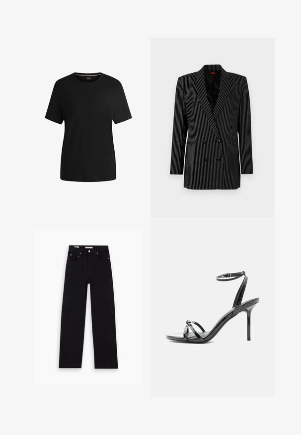 Blazer negro de dos filas de botones con rayas blancas, solapas afiladas, mangas largas, tejido texturizado y bolsillos frontales.; Camiseta negra de manga corta hecha de suave algodón, con cuello redondo y una textura lisa. Diseño simple sin patrones ni acentos.; Jeans de mezclilla negros con corte recto, cinco bolsillos, herrajes de cobre y una textura suave. Dos etiquetas visibles en la cinturilla.; Sandalia de tacón alto de charol negro con tiras finas que cruzan los dedos y una correa con hebilla en el tobillo sobre un fondo blanco.