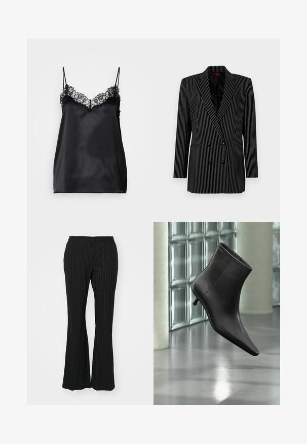 Sort dobbeltræs blazer med hvide striber, skarpe revers, lange ærmer, tekstureret stof og forlommer.; Sort satin cami top med justerbare tynde stropper, der har en blonderkant langs udskæringen og en glat, skinnende overflade.; Sorte flagrende bukser med stikninger, der har en glat tekstur og en mellemhøj talje, designet med en skræddersyet pasform og en subtil glans.; Sort læderankelstøvle med spids tå og lille hæl vist mod en væg af glasblokke og poleret gulv baggrund.