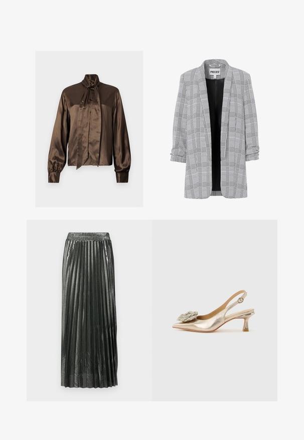 Blazer à carreaux noir et blanc avec une coupe décontractée, devant ouvert et manches retroussées. Fabriqué en tissu texturé. Étiquette « PIECES » visible à l'intérieur.; Blouse en satin marron avec un col haut et un détail en nœud, dotée de manches longues et d'une fermeture à boutons, texture lisse et drapé élégant.; Jupe plissée métallisée vert foncé avec une taille élastique, dotée de plis verticaux et d'une texture lisse, atteignant la longueur mi-mollet.; Chaussure à talon kitten slingback en or avec bout pointu et grande fleur décorative en strass sur le devant.