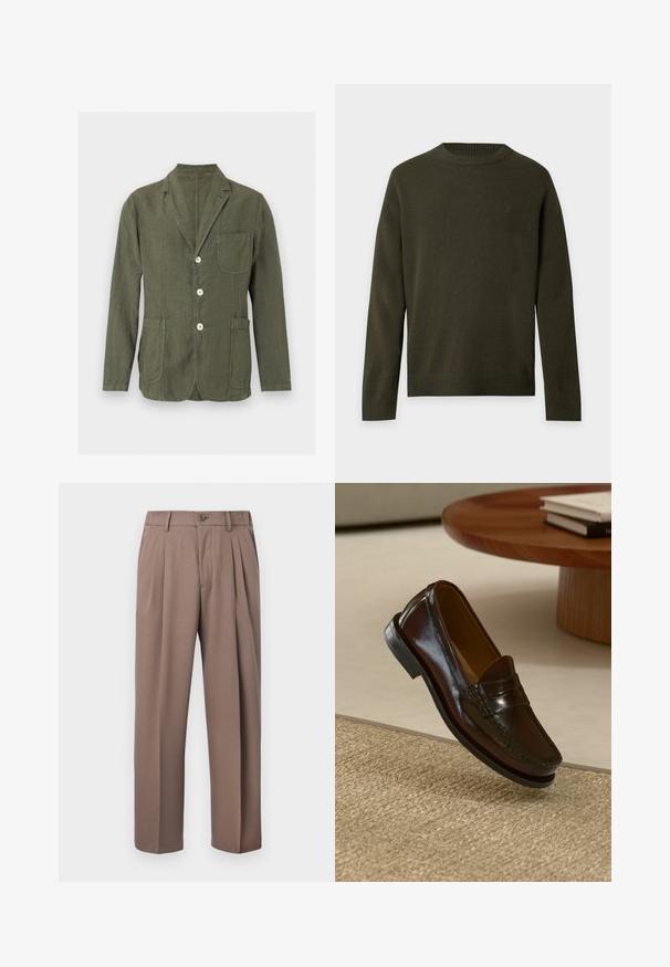 Olijfgroene casual blazer met inkeping revers, drie witte knopen en drie opgestikte zakken aan de voorkant.; Donkergroene trui met lange mouwen en ronde hals, met geribde boorden en zoom, getoond op een neutrale lichte achtergrond.; Bruine geplooide broek met ceintuurlussen, knoopsluiting aan de voorkant en ritssluiting, afgebeeld tegen een witte achtergrond.; Bruine leren instappers met een glanzende afwerking, voorzien van een gestikt detail aan de voorkant en een low-profile zwarte rubberen zool.