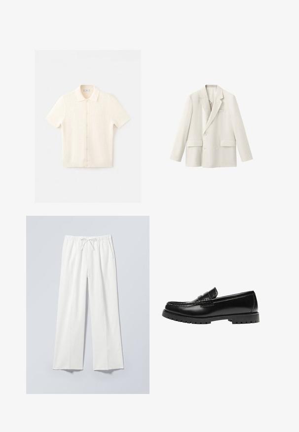 Blazer croisé écru avec revers crantés, deux poches à rabat devant et manches longues, présenté sur fond blanc.; Cardigan en maille crème à manches courtes avec texture gaufrée, boutonné devant et col, posé à plat sur fond blanc.; Pantalon blanc à jambe large avec taille élastique et cordon de serrage, doté de poches latérales et d'un tissu lisse légèrement texturé.; Mocassin en cuir noir avec une semelle en caoutchouc épaisse et un détail classique de bride à monnaie, vu de côté extérieur.