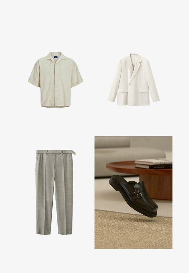 Blazer croisé écru avec revers crantés, deux poches à rabat devant et manches longues, présenté sur fond blanc.; Chemise à manches courtes en lin beige avec un devant boutonné, présentant des détails en œillets le long du centre et des poignets. Ourlet droit.; Pantalon gris clair sur mesure avec ceinture en tissu assortie et poches latérales, présenté à plat sur fond blanc.; Chaussure noire en cuir à enfiler avec double boucle argentée, présentée en suspension au-dessus d'un tapis beige texturé, près d'une table basse en bois et des livres.