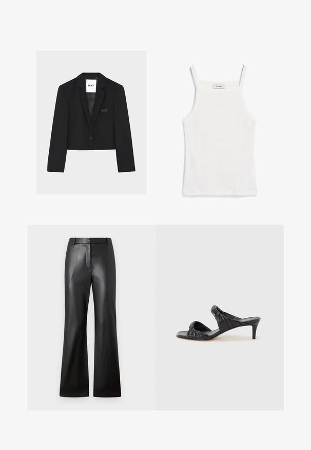 Schwarzer kurzer Blazer mit gekerbtem Revers, einreihigem Knopfverschluss und kleiner Brusttasche mit gefaltetem Stoffdetail.; Weißes Tanktop mit dünnen Trägern, aus geripptem Baumwollstoff, mit einem geraden Ausschnitt und einem sauberen Abschluss am Saum.; Schwarze Lederhosen mit glatter Textur, weit geschnittenem Design und mid-rise Bund mit Gürtelschlaufen und Fronttaschen.; Schwarze Sandalen mit Absatz und eckiger Spitze aus glattem Leder. Verfügen über geraffte Riemen und einen schlanken Absatz für zusätzlichen Auftrieb.