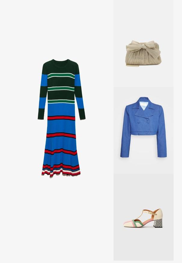 Sara Battaglia MINI JACKET - Blazer - blue denim; Strikkjole med lange ærmer, rund halsudskæring og lodrette striber i dyb grøn, blå og rød, med horisontale accenter i hvid.; Flersfarvet ankelrem stilet med en cremefarvet krop, grønne og lyserøde accenter og en mønstret blokhæl. Glat finish og T-rem design.; Loeffler Randall PLEATED FRAME WITH BOW - Clutches - platinum