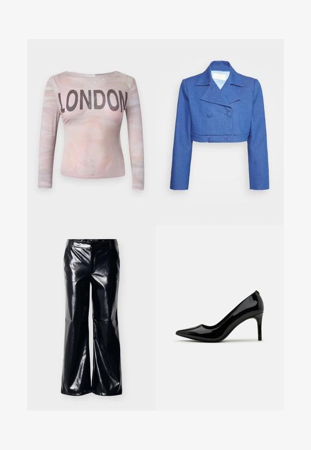Sara Battaglia MINI JACKET - Blejzer - blue denim; Dlhý rukáv top s jemným ružovým abstraktným vzorom a nápisom "LONDÝN" vytlačeným veľkými čiernymi písmenami na hrudi. Elastická tkanina.; Čierne široké nohavice z umelej kože s lesklým povrchom, so stredne vysokým pásom a čistým predným dizajnom, vhodné pre rôzne štýly.; Čierne lakované vysoké podpätky s kónickým špičkou a elegantným siluetou, so hladkým povrchom a minimalistickým dizajnom.
