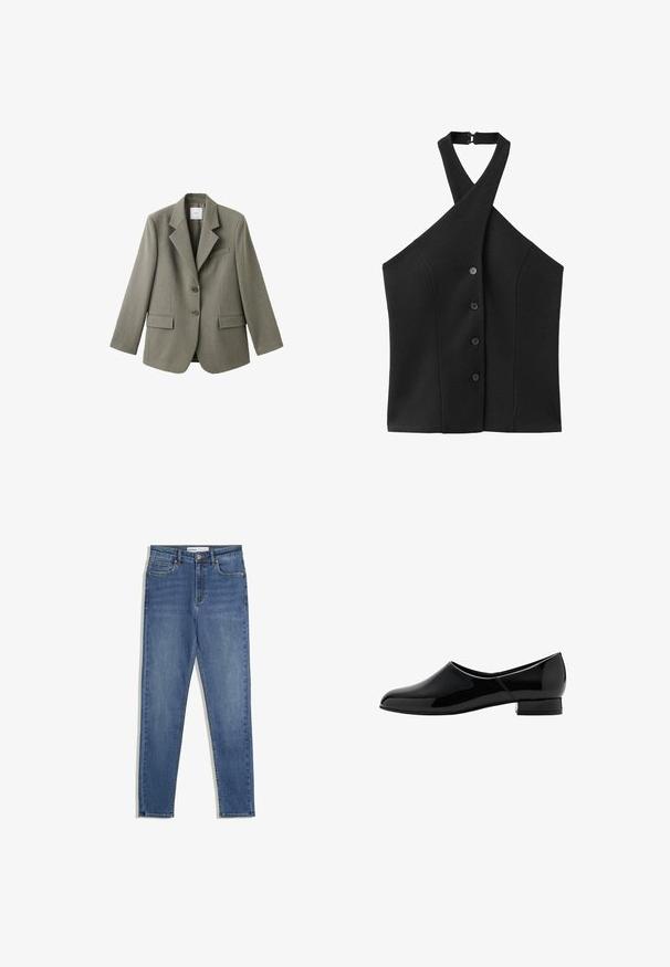 Olivovo zelený blazer s vykrojeným klopou, dvoma prednými vreckami a dvoma gombíkmi. Vyrobený z textúrovanej tkaniny, má jedno hrudné vrecko.; Čierny halter top s prekríženým dizajnom, päť gombíkov na prednej strane, vyrobený z hladkej, elastickej tkaniny. Bez ďalších ozdôb.; Modré denimové džínsy s vysokým pásom, slim fit, prednými vreckami, zipsom a kontrastným šitím. Štruktúrovaný dizajn s hladkou textúrou.; Čierna lakovaná kožená slip-on obuv s okrúhlym špičkou a nízkym blokovým podpätkom. Hladký povrch, minimalistický dizajn, žiadne viditeľné ozdoby.