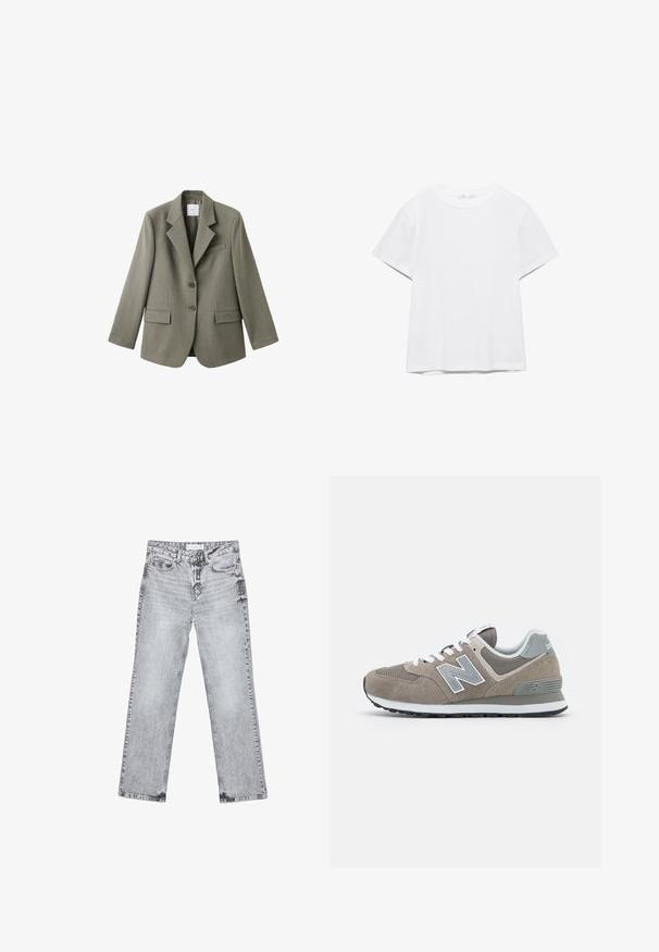 Olivenfarvet blazer med klaffeskøder, to frontlommer og to knapper. Fremstillet af tekstureret stof, har en enkelt brystlomme.; Hvid, kortærmet T-shirt med rund hals og lige kant, vist på en hvid baggrund.; Lysegrå jeans med høj talje og lige ben, med forlommer, bæltestropper, knaplukning og falmet tekstur over hele stoffet.; Brune ruskind sko med grå meshenheder, hvide snørebånd og et gråt 'N'-logo. Gummisåler med et let mønster for bedre greb.