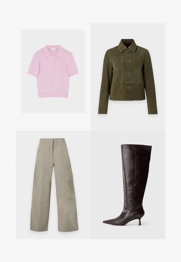 Veste en daim vert olive avec col large, trois boutons à l'avant, manches longues, et un emblème d'aile cousu sur la poitrine.; Polo en maille rose clair à manches courtes, col côtelé, patte de boutonnage avec cinq boutons, et ourlet côtelé.; Pantalon beige à jambes larges avec taille haute, passants pour ceinture, détails de coutures frontales et fermeture avant cachée.; Botte en cuir marron, hauteur genou, avec un bout pointu et un talon fin. Texture lisse et design élégant, arborant une silhouette minimaliste.