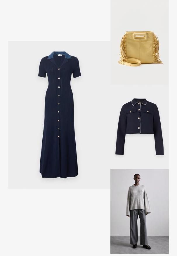 Veste courte bleu marine avec passepoil blanc, manches longues, fermetures à boutons dorés, et poches poitrine à rabat sur un fond uni.; Robe midi côtelée bleu marine avec manches courtes, boutons argentés à l'avant et col en denim bleu clair contrastant.; Pull en maille gris avec des manches larges et un ourlet côtelé, assorti à un pantalon gris taille haute avec un motif à carreaux discret et des mocassins noirs.; Sac à main en cuir jaune avec détails à franges sur les côtés, poignée découpée rectangulaire et bandoulière amovible placée à l'avant.