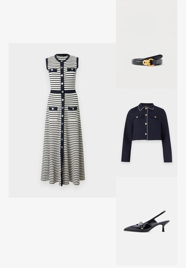 Veste courte bleu marine avec passepoil blanc, manches longues, fermetures à boutons dorés, et poches poitrine à rabat sur un fond uni.; Robe en maille sans manches, longueur complète, avec des rayures horizontales noires et blanches, boutons argentés sur le devant, quatre poches à rabat et bordures noires.; Chaussure à talon bas en cuir verni noir avec bride arrière, bout pointu et détail boucle argentée sur fond blanc uni.; Ceinture en cuir noir avec une boucle circulaire dorée composée de deux anneaux liés, roulée et posée sur un fond blanc.