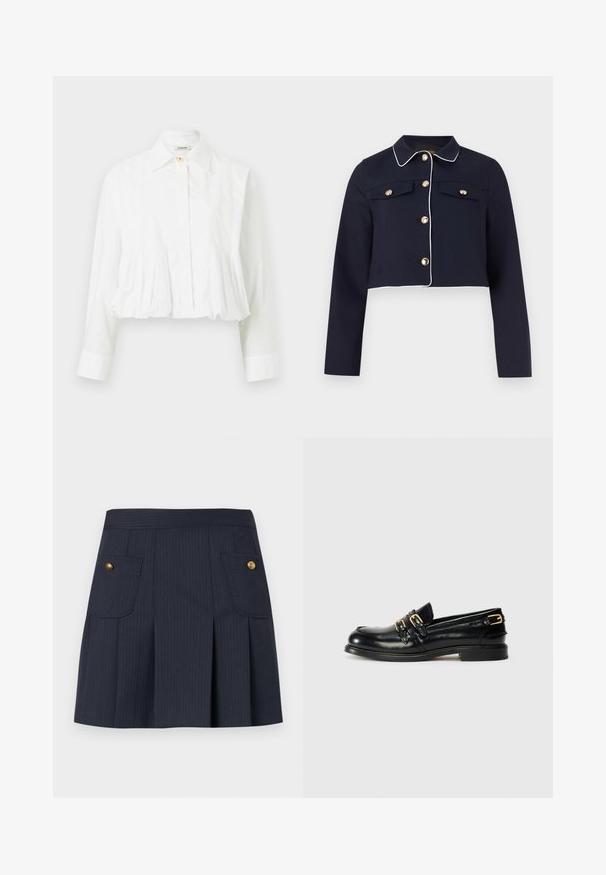 Veste courte bleu marine avec passepoil blanc, manches longues, fermetures à boutons dorés, et poches poitrine à rabat sur un fond uni.; Blouse blanche à manches longues avec taille plissée, col classique, fermeture par un seul bouton supérieur et boutons avant dissimulés.; Jupe à rayures bleu marine foncé avec des plis à l'avant et deux poches à rabat ornées de boutons dorés de chaque côté.; Mocassins en cuir noir avec une finition brillante, dotés de deux boucles dorées et d'un talon bas. Texture lisse avec un design à bout arrondi.