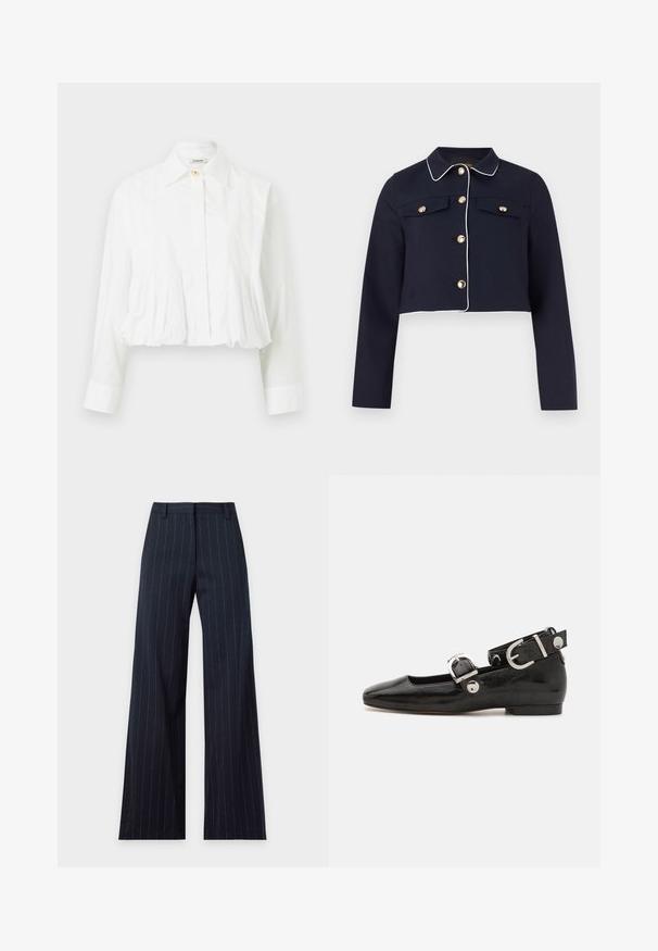 Veste courte bleu marine avec passepoil blanc, manches longues, fermetures à boutons dorés, et poches poitrine à rabat sur un fond uni.; Blouse blanche à manches longues avec taille plissée, col classique, fermeture par un seul bouton supérieur et boutons avant dissimulés.; Pantalon large bleu marine avec fines rayures blanches verticales, passants de ceinture et fermeture éclair à l’avant.; Ballerine en cuir verni noir avec un bout carré, sangle de cheville avec des détails en métal argenté et semelle plate. Texture lisse avec un design minimaliste.