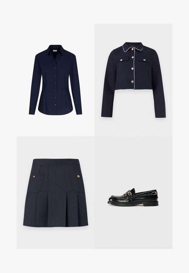 Marineblå kort jakke med hvide piping, lange ærmer, guldknapper og klaplommer på brystet mod en ensfarvet baggrund.; Seidensticker BUSINESS SLIM FIT - Skjortebluser - dunkelblau; Mørkeblå navy nederdel med tynde striber, forplissering foran og to klaplommer på hver side med guldknapper.; Sorte læder loafers med en blank finish, der har to guldspænder og en lav hæl. Glat tekstur med rund tådesign.