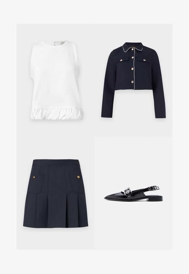 Veste courte bleu marine avec passepoil blanc, manches longues, fermetures à boutons dorés, et poches poitrine à rabat sur un fond uni.; Blouse blanche sans manches avec encolure ronde et ourlet volanté froncé, présentée à plat.; Jupe à rayures bleu marine foncé avec des plis à l'avant et deux poches à rabat ornées de boutons dorés de chaque côté.; Ballerine pointue en cuir verni noir avec double boucle argentée et talon slingback sur fond blanc.
