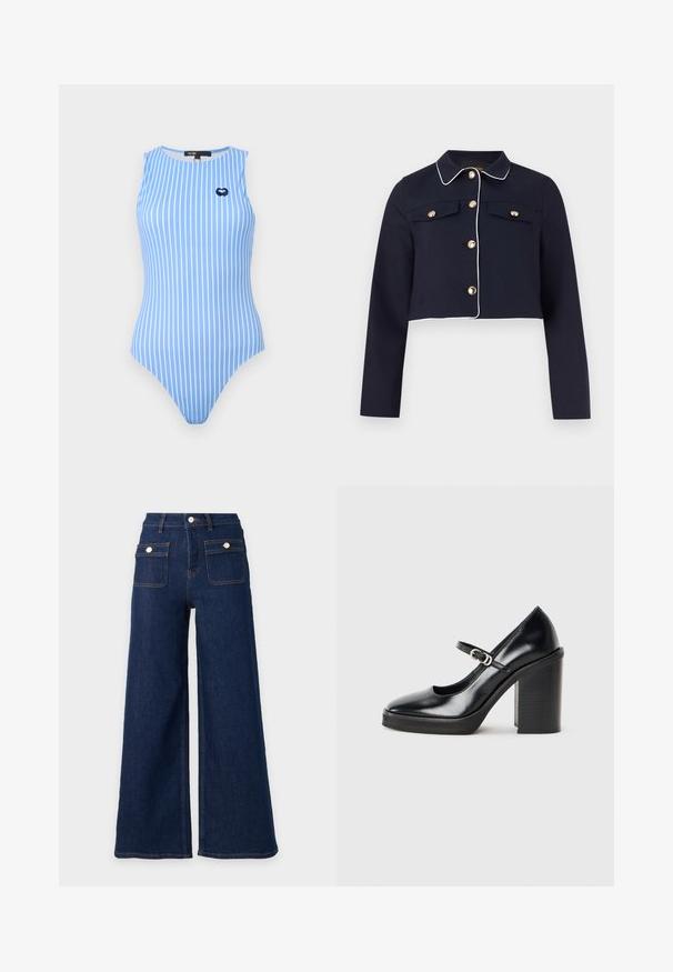 Veste courte bleu marine avec passepoil blanc, manches longues, fermetures à boutons dorés, et poches poitrine à rabat sur un fond uni.; Maillot de bain bleu sans manches avec des rayures blanches verticales et un petit emblème en forme de cœur marine sur la partie supérieure gauche de la poitrine.; Jeans en denim bleu foncé à jambes larges, taille haute et deux poches avant à rabat avec boutons.; Chaussure à talon haut en cuir verni noir avec un bout rond, une sangle de cheville, un détail de boucle en argent et un talon bloc épais.