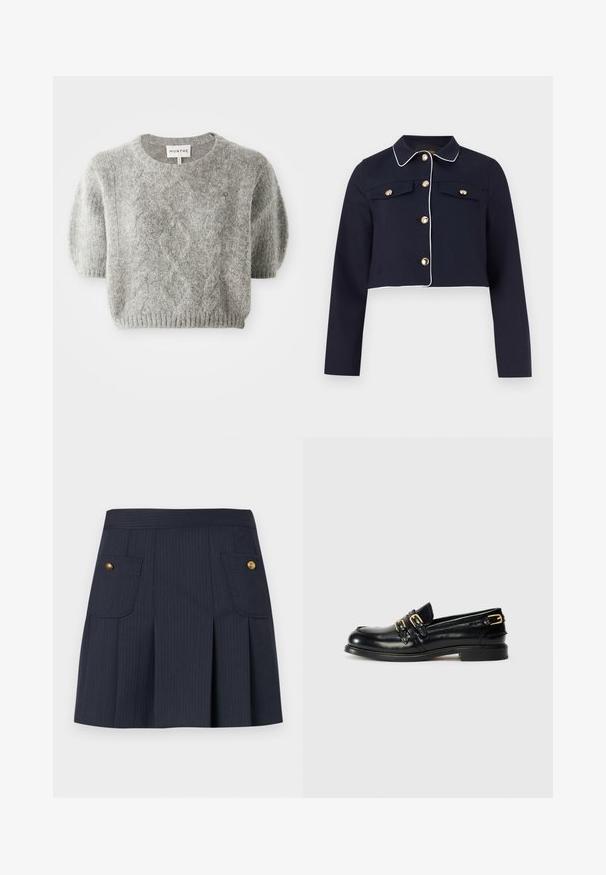 Marineblå kort jakke med hvide piping, lange ærmer, guldknapper og klaplommer på brystet mod en ensfarvet baggrund.; Grå kortærmet pullover sweater med kabelstrik mønster og ribbet kant. Fremstillet af et blødt, tekstureret materiale. Brandlabel synligt ved halsen.; Mørkeblå navy nederdel med tynde striber, forplissering foran og to klaplommer på hver side med guldknapper.; Sorte læder loafers med en blank finish, der har to guldspænder og en lav hæl. Glat tekstur med rund tådesign.