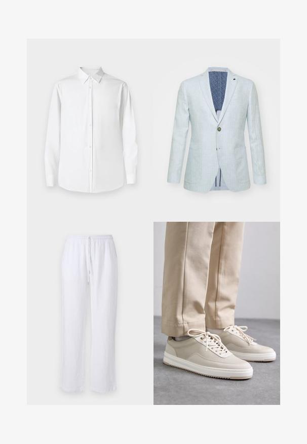 Michael Kors Blazere - light blue; Hvid langærmet skjorte med knapper og spidse kraver, lavet af glat stof, med en klassisk pasform og frontlukning med knapper.; Hvide bomuldsbukser med en løs pasform, elastisk talje og snøre lukning. Glat tekstur og lige ben design. Ingen mønstre eller accenter.; Beige sneakers med en tekstureret overdel, hvide såler og stikninger, parret med beige bukser, præsenteret på en grå overflade.