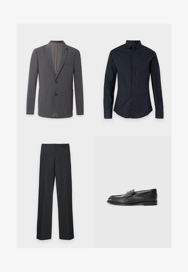 Donkergrijze herenblazer met inkepingsrevers, twee knopen, twee opgestikte voorzakken en een borstzak op een effen achtergrond.; Zwarte longsleeve shirt met een puntkraag, knoopsluiting aan de voorkant en een slim fit. Gemaakt van een gladde stof, met subtiele geborduurde logo.; Donkere grijze broek met een rechte pijp, gemaakt van een gestructureerde stof, met een enkele knoopsluiting en zijzakken.; Zwarte leren instappers met een gladde afwerking, ronde neus, decoratieve band en minimalistisch ontwerp. Heeft een lage blokhak.