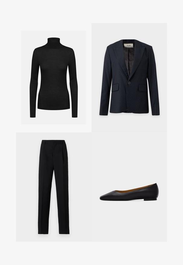 Schwarzer Ein-Knopf-Blazer mit dezenten Glitzerdetails, Notch-Revers und Pattentaschen, vor neutralem Hintergrund gezeigt.; Schwarzer Rollkragenpullover mit langen Ärmeln, gerippter Textur, taillierter Passform und hohem Kragen. Hergestellt aus einem weichen, dehnbaren Stoff.; Schwarze, maßgeschneiderte Hose mit geradem Bein, vorne mit Bügelfalten und einer glatten Stoffstruktur. Schlichter Hosenbund ohne Verzierungen.; Schwarzer flacher Schuh aus Leder mit spitz zulaufender Vorderkappe, niedrigem Absatz und glatter Oberfläche, von der Seite vor einem hellgrauen Hintergrund dargestellt.