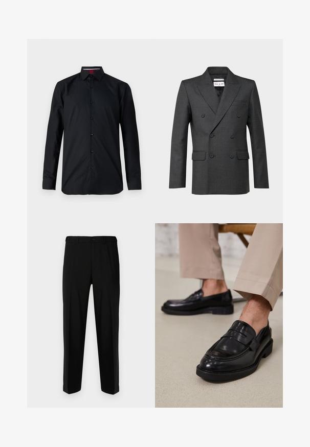 Mørkegrå dobbeltbrystet blazer med klapkrave, to frontlommer og subtil tekstur. Label synlig i kraveområdet.; Sort langærmet skjorte lavet af glat stof. Har en knaplukning foran, klassisk krave og diskret syning. Forstærkede manchetter.; Sorte bukser lavet af glat stof, med lige snit, to forlommer og lynlås med knaplukning.; Sorte lædermokkasiner med en glat overflade, der har en dekorativ rem og kontraststing, parret med beige bukser.