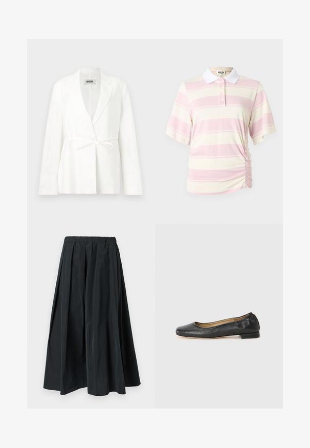 Blazer blanc sur mesure à manches longues, avec revers crantés et ceinture nouée à l'avant, présenté sur un fond clair uni.; Polo rayé rose et crème, à manches courtes et col blanc. Comprend une fermeture à boutons et un détail froncé sur le côté.; Pantalon noir à jambes larges plissé avec une ceinture élastique, fabriqué en tissu léger, suspendu sur un fond blanc uni.; Ballerines en cuir noir avec un bout arrondi et des coutures minimales. Talon bas et rectangulaire avec une texture lisse. Détails subtils de doublure intérieure.