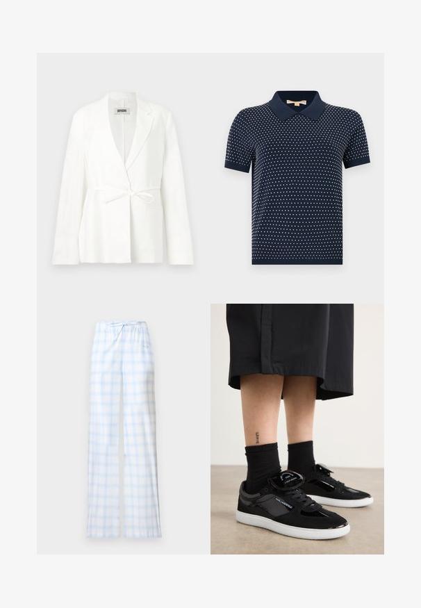 Weißer, maßgeschneiderter Blazer mit langen Ärmeln, Reverskragen und einem vorderen Bindegürtel, auf hellem einfarbigem Hintergrund präsentiert.; Marineblaue Polohemd mit kurzen Ärmeln, weißem Polka-Dot-Muster sowie geripptem Kragen und Bündchen, dargestellt vor weißem Hintergrund.; Hellblaue und weiße karierte Pyjamahose mit elastischem Bund und Kordelzug, auf weißem Hintergrund präsentiert.; Schwarze Sneaker aus Wildleder und lackiertem Leder, mit einer weißen Sohle, Schnürdesign und einem logobearbeiteten Zungenakzent.