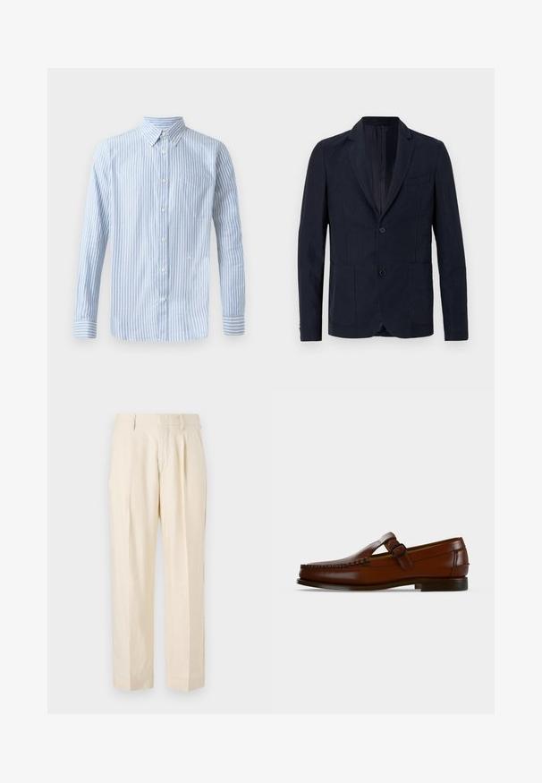 OFFICINE GENERALE NEHEMIAH - Blazere - night sky; Lys blå skjorte med knapper og vertikale hvide striber, lange ærmer og en brystlomme. Har et lille logo på den nederste del.; NN.07 KAY - Bukser - off white; Brun læderloafer med en side spænde-rem og lav hæl på en ensfarvet hvid baggrund.