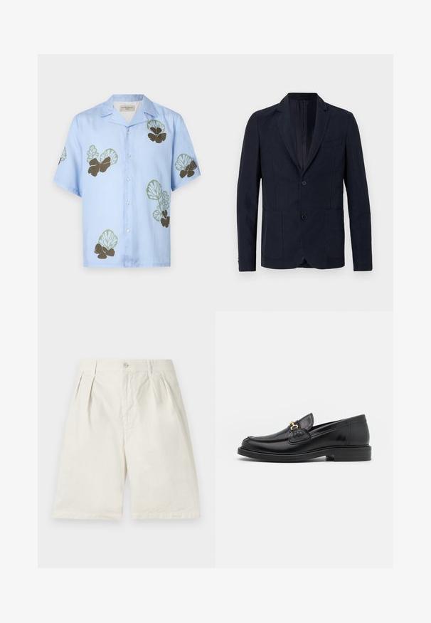 OFFICINE GENERALE NEHEMIAH - Americana - night sky; Camisa de manga corta en tela azul claro con patrones florales en verde y marrón oscuro. Cuello clásico con botones en la parte delantera.; Pantalones cortos de algodón beige con pliegues en el frente, bolsillos laterales y cierre de botón. La tela tiene una textura suave y una forma ajustada.; Mocasines de cuero negro con punta redondeada, que cuentan con un detalle de herrajes dorados y costuras, situados sobre una suela de goma texturizada y baja.