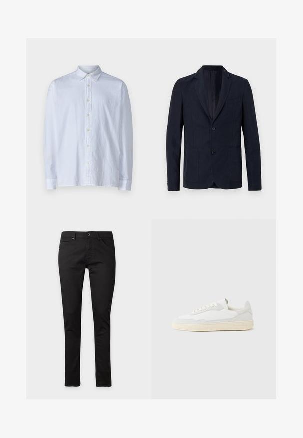 OFFICINE GENERALE NEHEMIAH - Blazerjasje - night sky; Witte button-up shirt van lichtgewicht stof, met een puntige kraag, lange mouwen en een rij gele knopen aan de voorkant.; Zwarte slim fit jeans met knoop- en ritssluiting, voor- en achterzakken, plat liggend op een witte achtergrond.; Witte sneaker met een bovenwerk van gestructureerd suède en leer. Voorzien van een afgeronde neus, vetersluiting en een contrasterende beige rubberen zool.