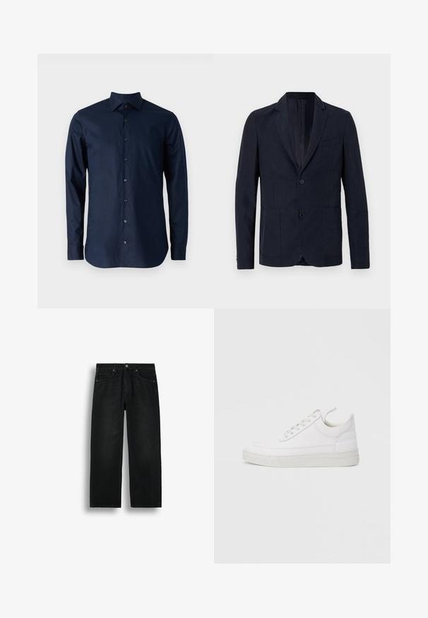 OFFICINE GENERALE NEHEMIAH - Blazere - night sky; Mørkeblå langærmet skjorte lavet af bomuld, med en knapoplukning, spidse krave og sorte knapper foran.; Sorte straight-leg denimjeans med fem lommer, knaplukning og bæltestropper, vist mod en ensfarvet hvid baggrund.; Hvid lædersneaker med rundet tå, flad sål og snørebånd foran. Har syningsdetaljer og polstret krave for komfort.